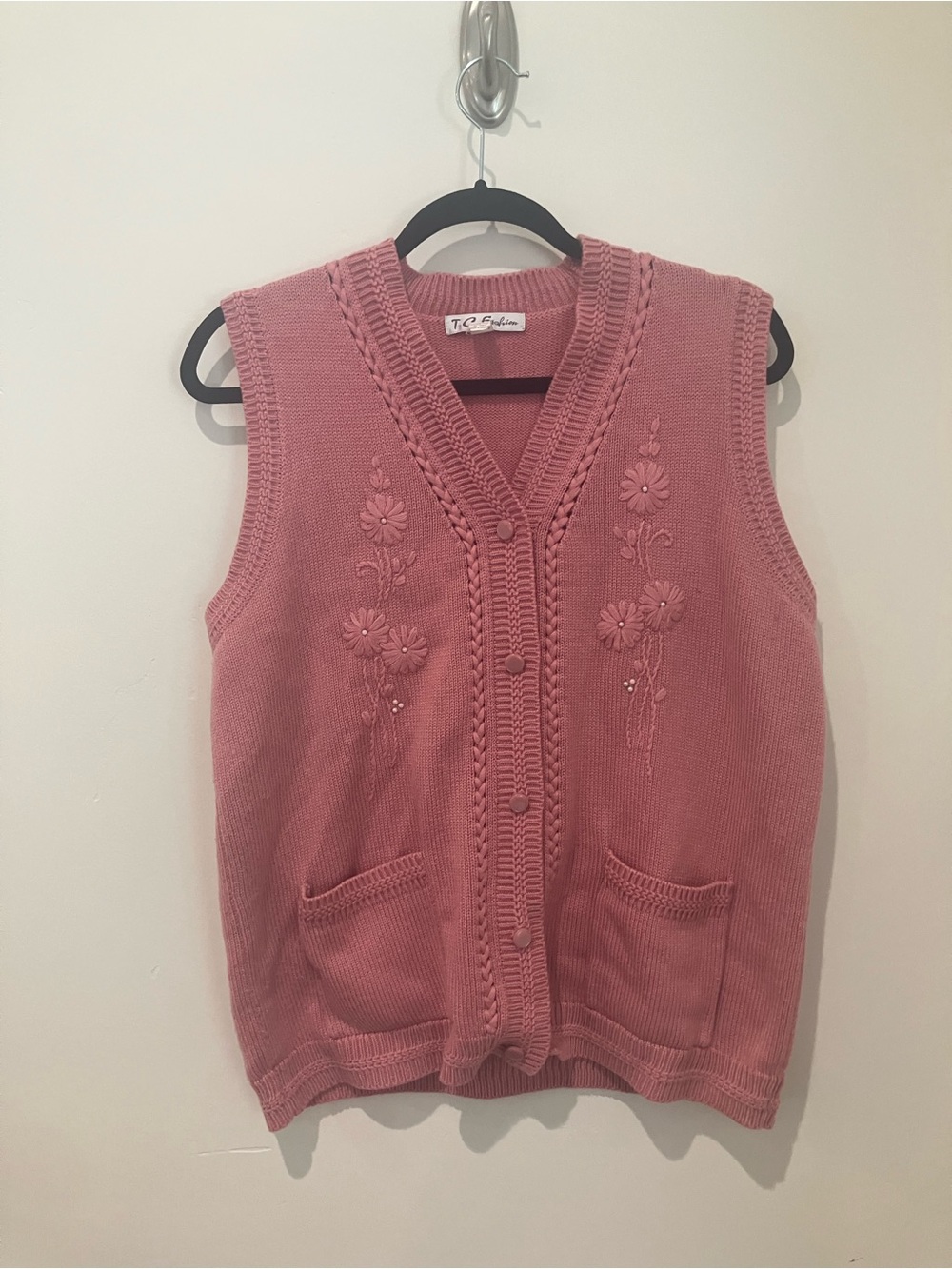 Vintage Rose Pink Grandmacore Knit Button-Front Embellished Sweater Vest